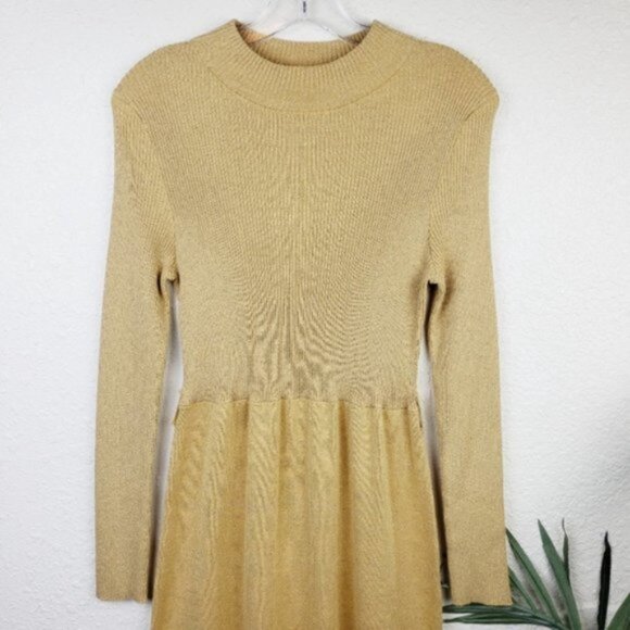 Free People 'French Girl' Sweater Mini Dress Knit Gold Metallic size S Boho - Picture 6 of 13